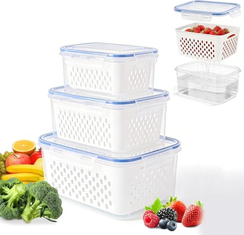 4 in 1 Food Storage Containers for Fridge, Produce Keeper with Removable Colander & Drain Basket, Airtight Leakproof Fruit Vegetable Storage Containers Transparent Kitchen Organizer (3PC S+M+L)