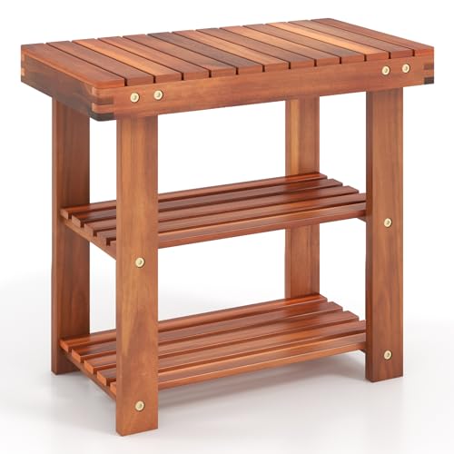 Tangkula Acacia Wood Shoe Rack Bench, 3 Tier Sturdy Bench, Storage Organizer, Holds up to 180lbs for Entryway, Bedroom, Living Room, Balcony, Teak Color (19-inch) - size: 19-inch