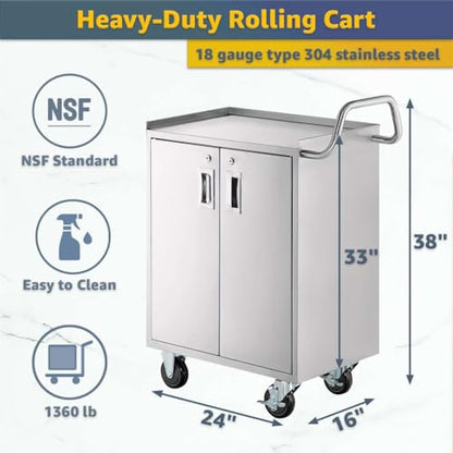 16" x 24" Stainless Steel Utility Cart with Enclosed Base and Locking Doors - 4 Shelf Heavy-Duty 18-Gauge 304 Steel Rolling Cabinet - NSF Commercial Service Cart for Kitchen, Catering, Restaurant - size: 4 Shelf