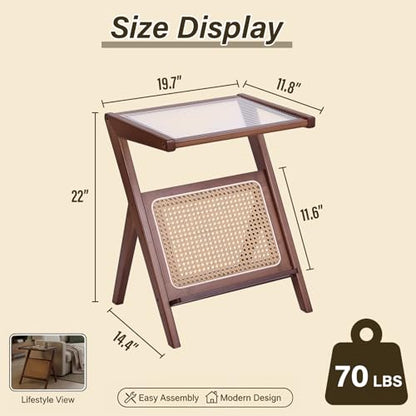 Tiita 2 Pack Rattan Side Table, Mid Century Nightstand, Bamboo Accent Bedside Tables, Glass Coffee Tables, Boho Wooden End Table with Storage for Small Space, Living Room and Bedroom - color: 2 Pack Rattan-l-brown
