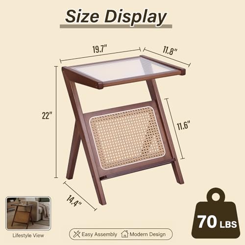 Tiita Rattan Side Table, Mid Century Nightstand, Bamboo Accent Bedside Tables, Glass Coffee Tables, Boho Wooden End Table with Storage for Small Space, Living Room and Bedroom - color: Rattan-l-brown