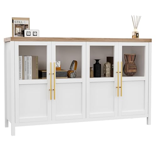 GarveeHome Sideboard Buffet Cabinet with 4 Glass Doors, 55 in Buffet Table Coffee Bar Wine Bar Display Cabinet for Kitchen Dining Room, Living Room (Glass with 4 Doors, White) - color: White, style: Glass with 4 Doors