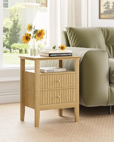 Fluted Nightstand, Farmhouse Night Stand with 2 Drawers, Mid Century Modern Side Accent Table,Bedside End Table for Bedroom, Living Room, Yellow Oak - color: Oak, size: 2 Drawers