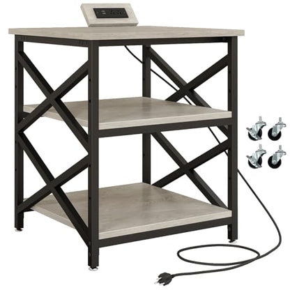 METYERRY Large Printer Stand with Power Outlet, with Height Adjustable Storage Shelf, 3 Tier Rolling Printer Cart with Industrial Wheels, 23.6 x 23.6 Inches Printer Table for Home Office, Greige - color: Greige