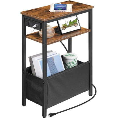 HOOBRO Small Narrow Side Table, Narrow End Table with Charging Station, Extra Slim Nightstand with Storage, Skinny End Table for Small Spaces for Living Room, Rustic Brown and Black BF125UBZ01