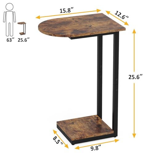 Hosfais Side Table Small End Table, C-Shaped Wood Sofa Table with Metal Frame for Living Room, Bedroom, Small Spaces (Rustic Brown) - color: Rustic Brown, size: Curved
