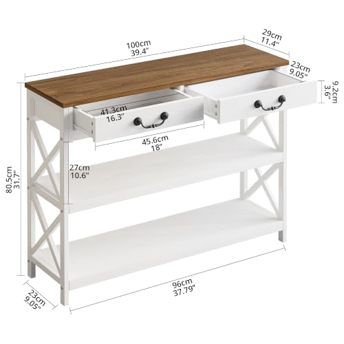 IRONCK 39.4" Farmhouse Console Table with Storage, Narrow Entryway Table with 2 Drawers & 2 Shelves, Industrial Wood Sofa Table for Living Room/Hallway, White/Walnut - size: 39.4inch
