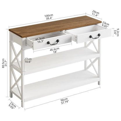 IRONCK 39.4" Farmhouse Console Table with Storage, Narrow Entryway Table with 2 Drawers & 2 Shelves, Industrial Wood Sofa Table for Living Room/Hallway, White/Walnut - size: 39.4inch