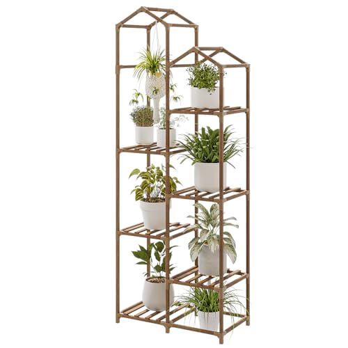 Bamworld Roof Shaped Plant Stand Indoor Outdoor 6 Tier Tall Large Wood Plant Shelf Multi Tier Flower Stands Garden Shelves Wooden Plant Display Holder Rack for Living Room Corner - color: Brown, size: 6 Tiers - Roof Shaped