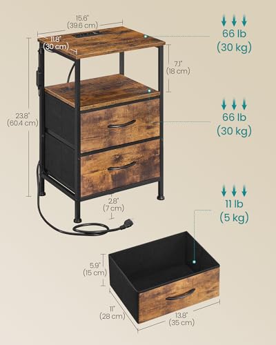 SONGMICS BELLAH Collection - Nightstand with Charging Station and App-Controlled Adjustable LED Lights, Bed Side Table, 2 Drawers and 1 Open Shelf, Industrial, Rustic Brown and Ink Black ULGS302KD01S - color: Rustic Brown + Ink Black, size: 2 Drawers