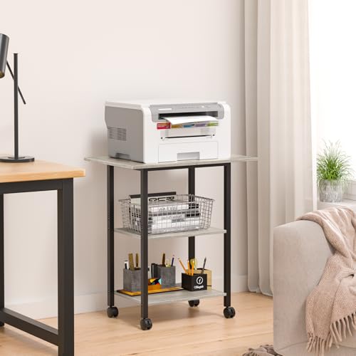 Lerliuo 3-Tier Printer Stand, Industrial Mobile Printer Table with Storage Shelf and Steel Frame, Rolling Printer Cart Holder with Lockable Wheels for Home, Office (Oak) | Oak Mobile Printer Cart Holder for Home Office, Lockable Wheels, Open Storage Shelf