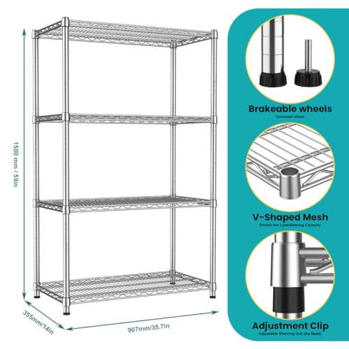 4-Shelf Heavy-Duty Metal Wire Shelving Unit Adjustable Wire Rack 2200LBS Storage Shelves Garage Shelving Storage Shelf Flower Stand for Pantry Laundry Kitchen 14" Dx35.7 Wx59 H - size: 4-Tier-Silver[14" D x 35.7" W x 59" H]