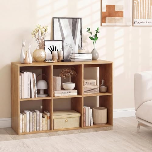 POWERSTONE 6 Cube Storage Organizer, 3 Tier Cubby Bookshelf, Natural | Freestanding Bookcase w/Back Guardrail, Open Back Display Rack for Living Room, Bedroom, Study - color: Natural, size: 6 Cubes