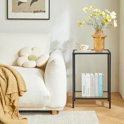 YMYNY Tempered Glass Side Table, 22.05H*14.96L*11.02W,Black, UHGD002B | 2 Tier end table, Storage Shelves, Narrow Bedside Table, For Small Space - color: Black