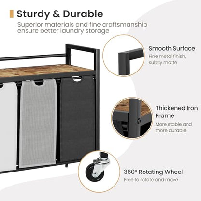 SwaaVee Laundry Sorter, Laundry Hamper 3 Section, 3×11.4Gal, Metal Frame Rolling Laundry Basket with Wooden Top Shelf, Pull out and Removable Laundry Bags, 3 Bags-Black Grey White - color: Black-Grey