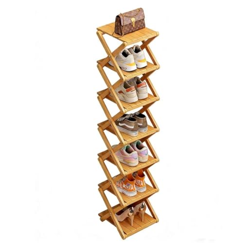 Bamboo Shoe Rack - No Assembly Required, Tall Narrow Foldable Shoe Organizer, Space-Saving Multifunctional Shelf for Entryways, Corners, Bedrooms, Balconies, 7 Layer(Reinforced and Thickened) - color: Wood Color, size: 7 Layers