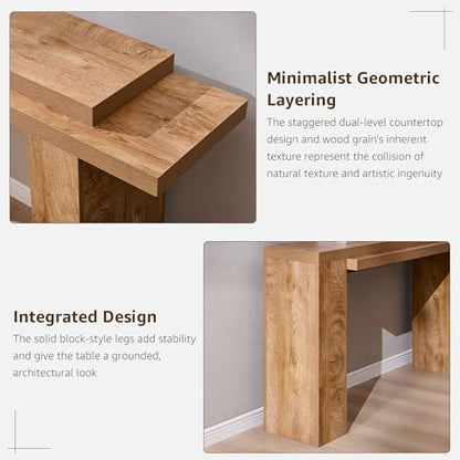 OKD 63" Modern Geometric Console Table with Layered Top, Light Tree Knot | Extended Layered Top, Sturdy Support Legs, Entryway, Hallway, Foyer, Living room, Behind Sofa - color: Light Tree Knot