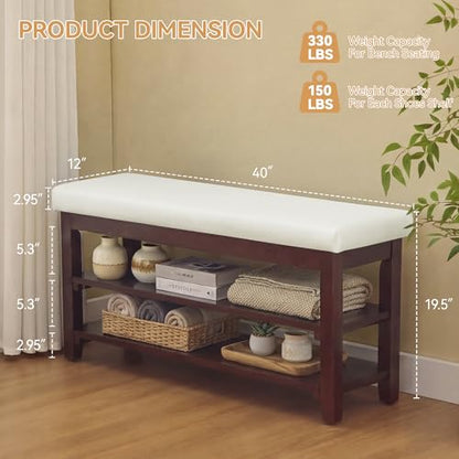 40" Faux Leather Shoe Storage Bench Entryway, Upholstered Bench with Leather Cushion, Solid Wooden 2 Tier Rack Shoe Organizer for Entry Way, Bedroom, Living Room, Beige - color: Beige