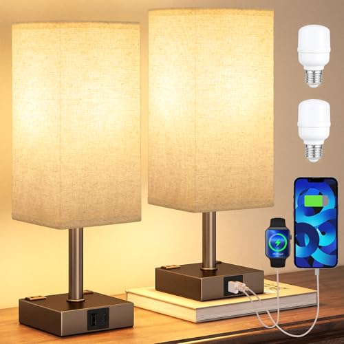 Brown Touch Lamps Set of 2 for Bedroom - Dimmable, USB C+A, 2 AC Outlets | 3-Way Dimming, 3000K LED Bulbs Included, Square Beige Lampshade Brown Base, Small Bedside Lamp for Nightstand, Desk, Dorm - color: Brown