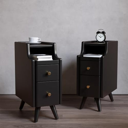 AQIMUELE Narrow Nightstand Set of 2, Small Black Wood Bedside Table with Drawers, End Table for Small Spaces Bedroom - color: 2 Pc(black), size: 15.74''D*7.87''W*19.68''H