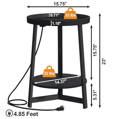 Round Industrial Side Table with Charging Station,2-Tier Round End Table with USB Port & Power Outlet, Nightstand with Metal Frame for Small Spaces, Living Room, Bedroom, Black - color: Black, style: With Charging Station