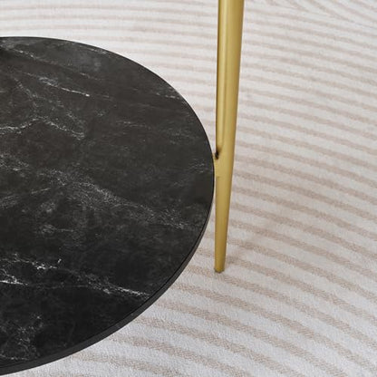 LumFurn Round Glass End Table, Mid-Century Modern Design Sofa Table for Living Room, D18 x H23 in, 2-Tier Structure, Grey Glass Top and Black Marble Shelf, Sleek Conical Legs with Gold Finish Frame - color: Grey & Black Marble, size: D18" Round End Table
