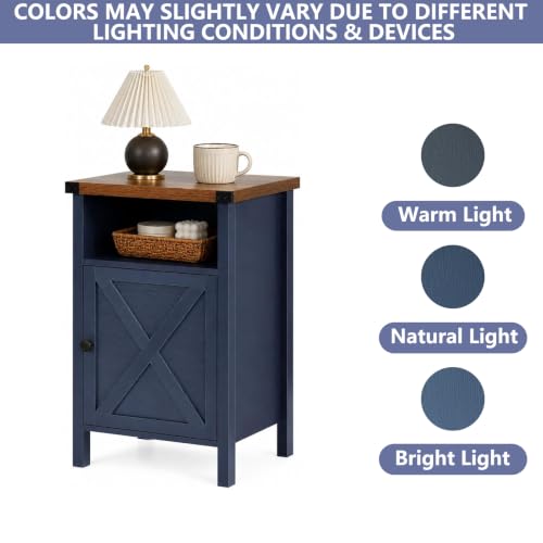 Catrimown Farmhouse Nightstand with Barn Door and Shelf, Side Table, Rustic End Table for Bedroom, Living Room, Navy Blue - color: Navy Blue