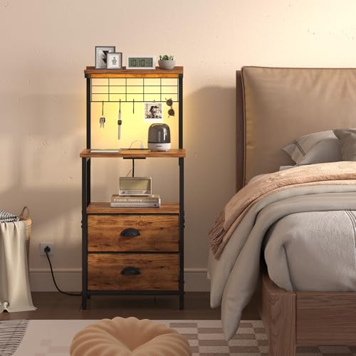 sthmec Tall Nightstands with Charging Station, LED Night Stand Bedsides with 2 Drawers Fabric, Hooks,USB Port and Open Storage Shelves,Tall End Table Bedside for Bedroom,Office, Rustic Brown - color: Rustic Brown, style: 2 Drawers