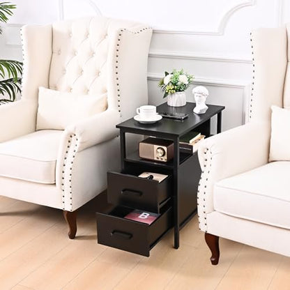 Livofloral Black Side Tables, End Table with Charging Station, Narrow End Table with 2 Wooden Drawers, USB Ports and Power Outlets, Slim Nightstand and Bedside Table, End Tables Living Room, Bedroom - color: Black