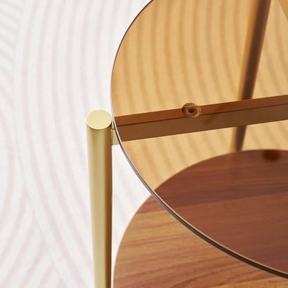 LumFurn Round Glass End Table, Mid-Century Modern Design Sofa Table for Living Room, D18 x H23, 2-Tier Structure, Amber Glass Top and Walnut Shelf, Sleek Conical Legs with Gold Finish Frame - color: Amber & Walnut, size: D18" Round End Table