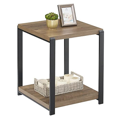 FOLUBAN Industrial End Table, Square Side Table with Storage Shelf for Living Room, Wood and Metal Nightstand, Oak - color: Oak