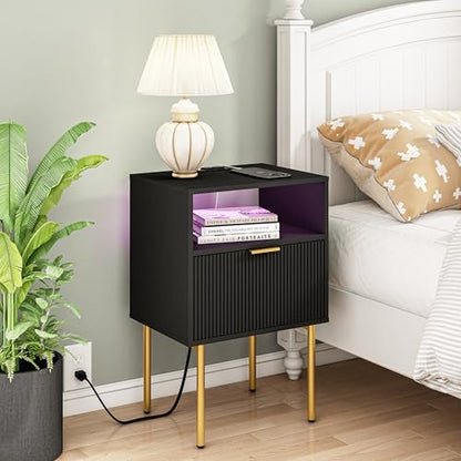 Modern Nightstand with Charging Station and LED Lights, Black Nightstand with Drawer, Fluted Nightstand for Living Room, Bedroom - color: Black