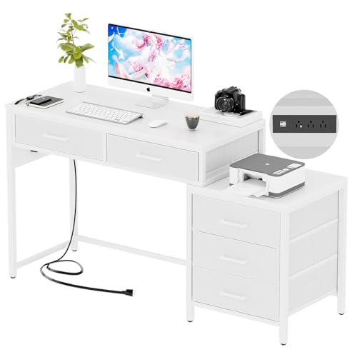 Unikito Reversible Computer Desk with 5 Drawers, Sturdy Office Desk with Power Outlets and USB Ports, Study Writing Table with File Cabinet & Printer Stand, Vanity Desk with Storage, White - color: White