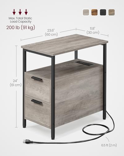 VASAGLE Side End Table with Charging Station, Slim Nightstand with 2 Drawers, Narrow Bedside Table for Living Room, Small Spaces, Heather Greige and Ink Black ULET321B02V1S - color: Heather Greige + Ink Black, size: 23.6"D x 11.8"W