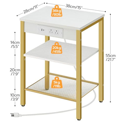HOOBRO Side Tables Set of 2 with Charging Station and USB Port, Small End Tables for Small Space, 3-Tier Nightstands with Adjustable Shelf, for Living Room, Bedroom, White and Gold DW112BZP201G1 - color: White + Gold