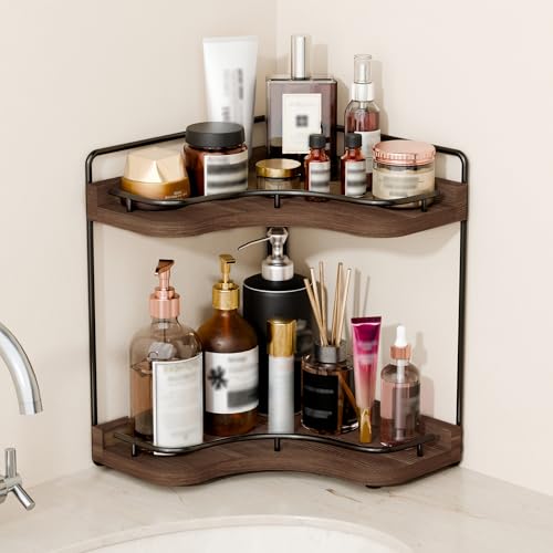 2-Tier Corner Bathroom Counter Organizers, Stable Wood Vanity Shelf for Perfume, Skincare & Makeup, Larger Size Countertop Organizer and Storage for Bathroom, Kitchen and Dresser(Dark Brown) - color: Dark Brown