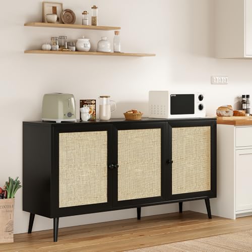 Farini 59.1" Buffet Cabinet with 3 Rattan Doors,Kitchen Sideboard for Dining Room, Hallway & Living Room, Coffee Bar Storage Console Table,Black - color: Black, size: 59.1 inch-Doors