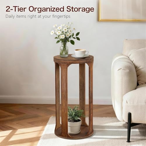 Wooden Drink Table, Pedestal Round End Table, Walnut Brown Nightstand Accent Tables, Small Side Tables for Living Room Plant Stand, Bedroom, 12" x 24" - color: Walnut Brown, size: Round, style: 1-Tier