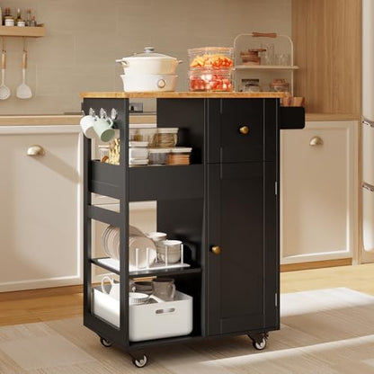 Gizoon Kitchen Island Cart on Wheels, with Thickened Wooden Countertop, Rolling Serving Utility Cart with Drawers and Doors, Bar Cart with Adjustable Shelf and Removable Tray for Dining Room, Black - color: Black & Tabletop-oak Color
