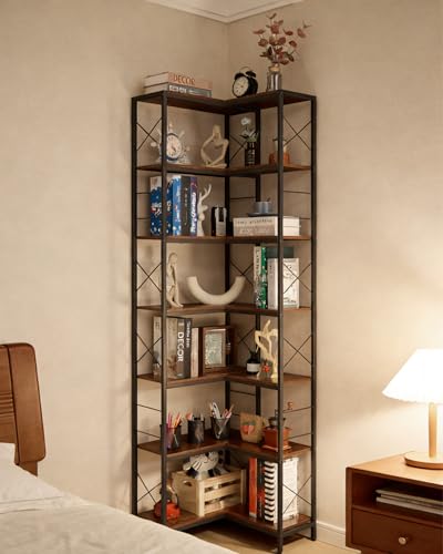 Garvee Corner Shelf, 7 Tier Industrial Corner Bookshelf, Wood and Metal Frame Large Bookcase, Freestanding Display Shelf for Living Room, Kitchen, Home Office, Rustic Brown