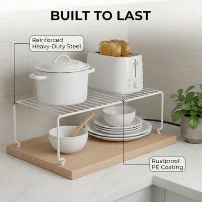 4-Pack Kitchen Cabinet Shelf Riser - Stackable Cupboard Organizer & Wire Rack for Pantry, Spice Organization, Desk & Bathroom, Rustproof Metal Closet Shelves, White (15.7" L x 8.5" W) - size: Large Stackable, style: 4-PACK