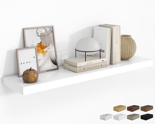 RICHFOCUS 48Inch Floating Shelves for Wall 1 Pack Shelves for Bedroom|Kitchen|Bathroom Wall Mounted Rustic Wood Floating Shelf with Invisible Brackets for Books|Storage|Decor, White - color: White, size: 47.2"L x 8"D, Set of 1