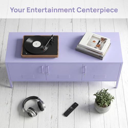 3 Door Lockable Metal TV Stand Storage Cabinet with Accent Cabinet Locker, Wide Heavy Duty Media Console for Large 100+ Inch TVs, Home Office Entertainment Center, Purple 22"H X 47.3"W X 13.8"D - color: Lilac, style: TV stand-22"H-LM