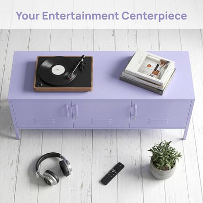 3 Door Lockable Metal TV Stand Storage Cabinet with Accent Cabinet Locker, Wide Heavy Duty Media Console for Large 100+ Inch TVs, Home Office Entertainment Center, Purple 22"H X 47.3"W X 13.8"D - color: Lilac, style: TV stand-22"H-LM