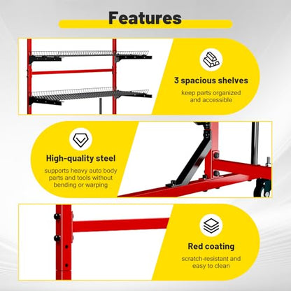 Heavy Duty Parts Management Cart, Auto Body Rolling Parts Storage Shelves, 3 Shelf Rack with Wheels, Wire Shelving Car Tools for Workshop Garage Auto Repair Shop