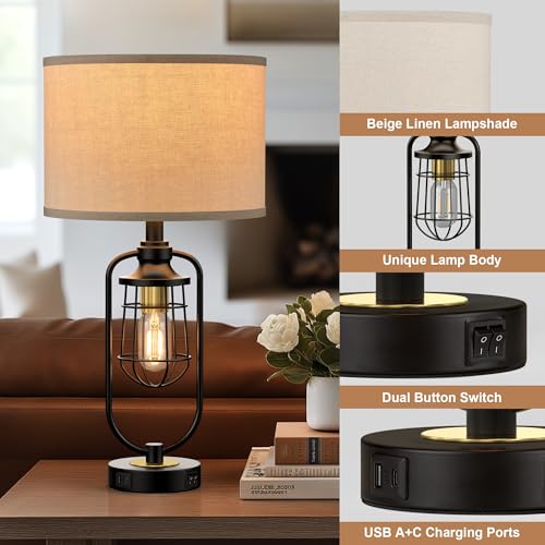 Table Lamps for Living Room Set of 2, Farmhouse Lamps for Night Stands, Industrial Bedside Lamps for Bedroom End Table with USB A+C, Bulbs Included - color: Black-Gold