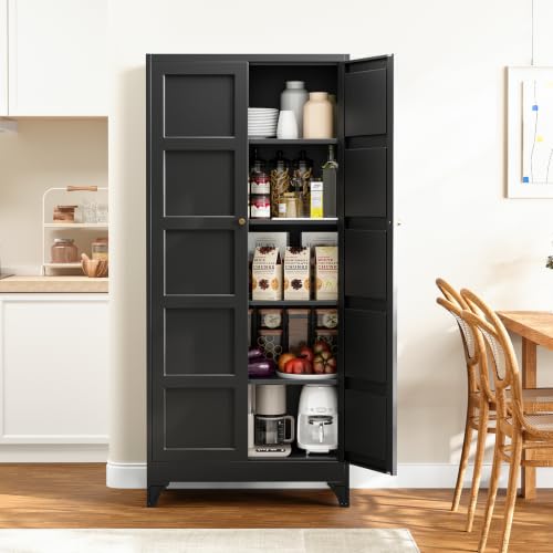 Yizosh Metal Storage Cabinet with 2 Doors and 4 Adjustable Shelves - 71" Black Kitchen Pantry Storage Cabinet,4-Tier Tall Steel Cabinet Locker for Living Room,Dining Room,Kitchen - color: Black, size: 71"- 4 Adjustable Shelves-A