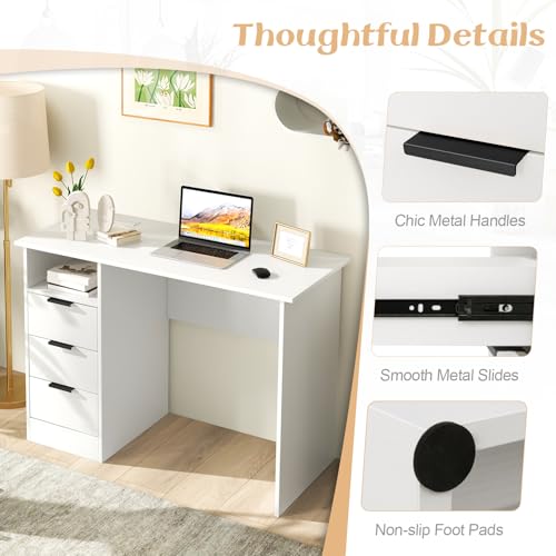 White Computer Desk with Charging Station, Home Office Desks with 3 Drawers & Open Storage Shelf, Modern Makeup Vanity for Bedroom, Wooden Study Writing Table Workstation