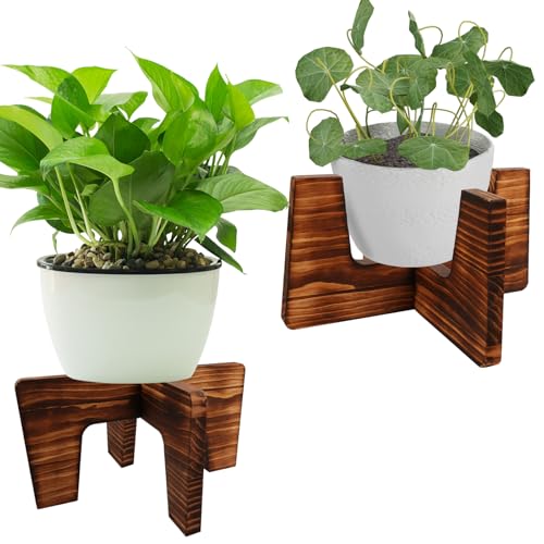 Plant Stand Indoor, Short Plants Holder for 5-15 Inch Pot, Brown Wooden Flower Pot Stand for Indoor Plants, Small Single Floor Plant Stand, Wood, 2 PCS
