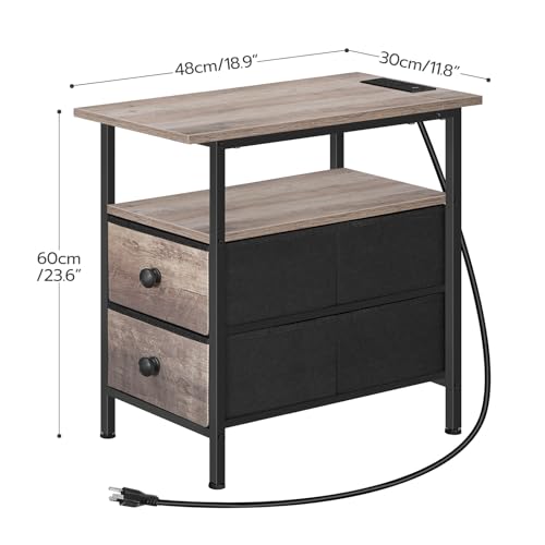 HOOBRO End Table with Charging Station, Narrow Side Table, Nightstand with 2 Non-Woven Drawers, Slim Sofa Side Table, for Small Spaces, Living Room, Bedroom, Greige and Black BG486UBZ01 - color: Greige + Black, size: 11.8"L x 18.9"W x 23.6"H
